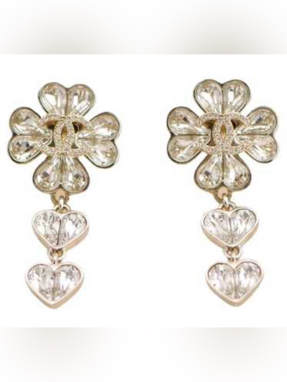 Double C Clover Heart Drop Earrings - Gold and Crystal Earrings
